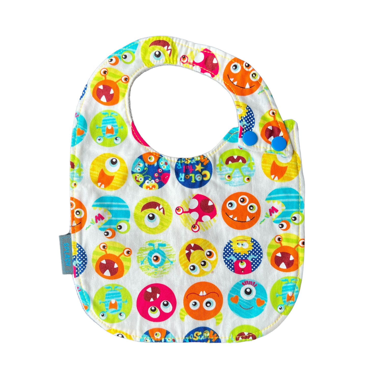 Rounded Side Fastener Bibs (assorted patterns) Bibs Splash Quilting Monsters White