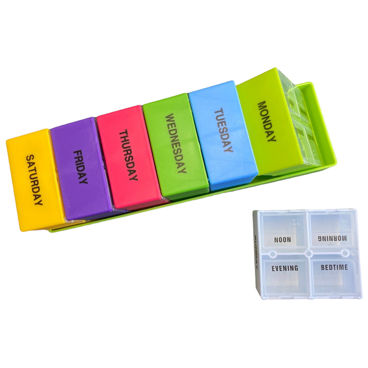 7 Day Pill Box — 4 Doses Daily Square Case Managing Medications SPIRIT SPARKPLUGS Square Case