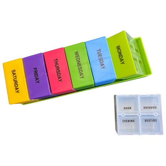 7 Day Pill Box — 4 Doses Daily Square Case Managing Medications SPIRIT SPARKPLUGS Square Case