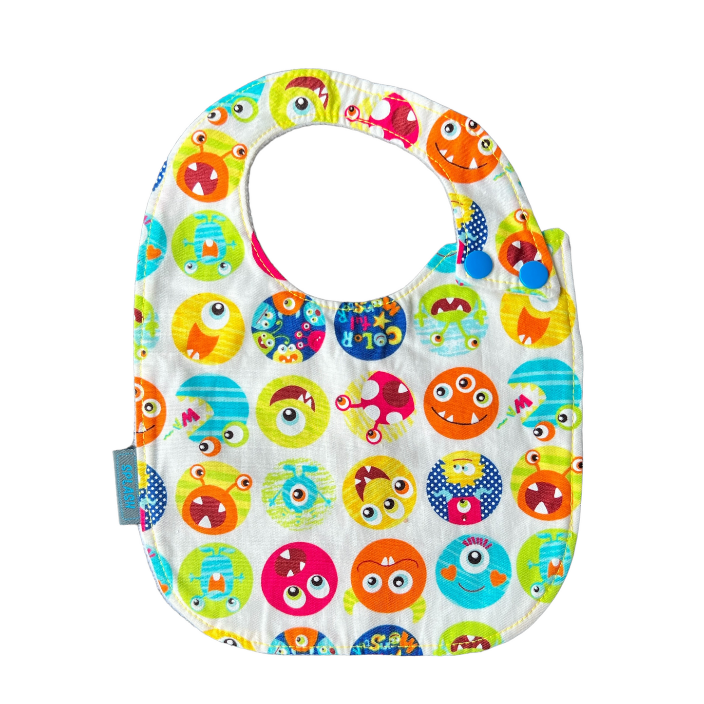 Rounded Side Fastener Bibs (assorted patterns) Bibs Splash Quilting Monsters White 